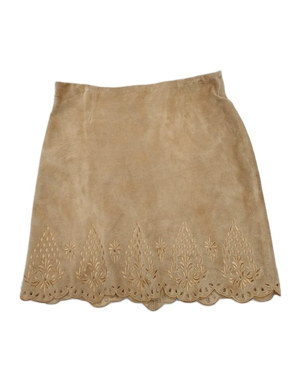 Jenni Max NYC Woman's Skirt Size 14 Leather Zip Back Lined Scalloped Tan Boho